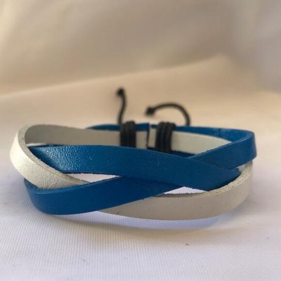 Teal Blue & White Wrap Braided Leather Handmade Bracelet Adjustable Wristband - Picture 1 of 2